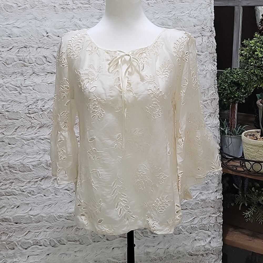Johnny was Jade eyelet bohemian blouse  Womens M, cotton silk Blend Boho, Gypsy